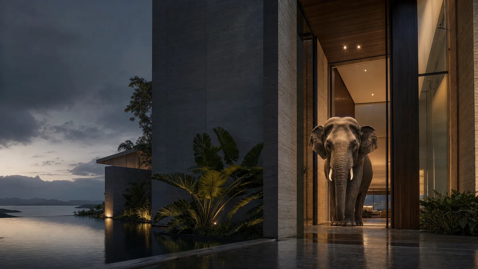 A serene elephant framed by the monumental entrance of a contemporary Brazilian residence